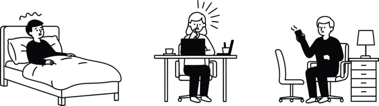 Simple black and white line drawing showing daily work and rest routines in minimal style.