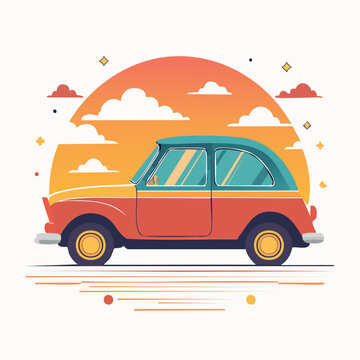 Retro Car Illustration with Sunset and Clouds