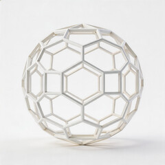 Naklejka premium A minimalist white wireframe spherical polyhedron model, featuring connected hexagonal and pentagonal frames on a neutral white background.