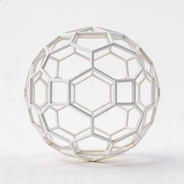 A minimalist white wireframe spherical polyhedron model, featuring connected hexagonal and pentagonal frames on a neutral white background.