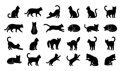 Fototapeta premium Minimal Black Cat Silhouette Vector Set Isolated on White Background for Animal Icon Collection