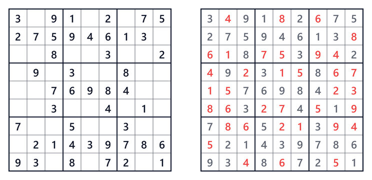 Sudoku classic easy puzzle grids with filled and empty cells on white background  