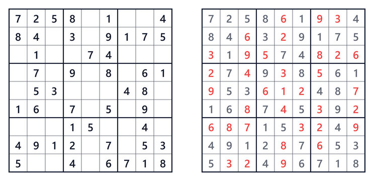 Sudoku classic easy puzzle with empty cells and completed solution on paper  