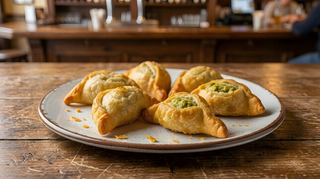 Pastizz or croissant bread from Malta featuring filling paste made from mushed curried peas, creamy ricotta cheese and anchovies served on plate against restaurant background