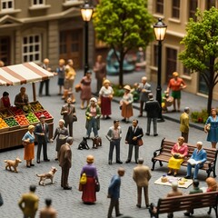 Miniature people in city square.