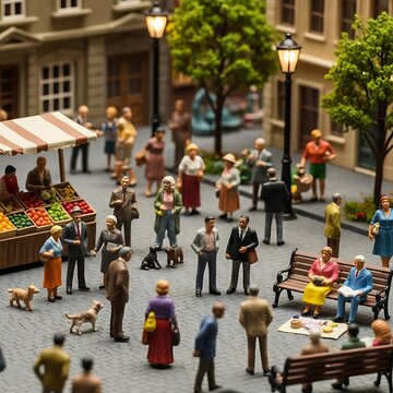 Miniature people in city square.