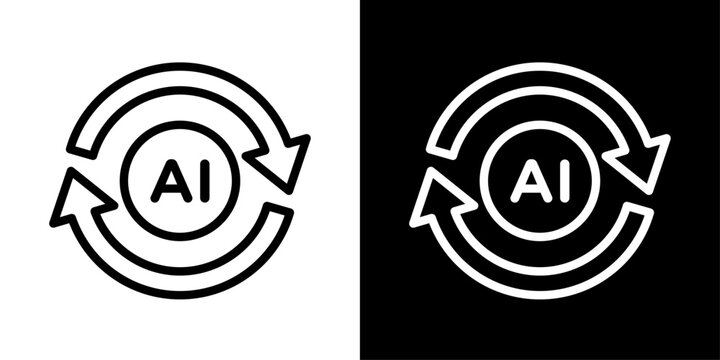 Minimal AI sync icon in outline style featuring artificial intelligence, team collaboration, cloud connectivity, and smart digital integration.