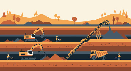 Industrial mining operation with excavators, dump truck, and conveyor belt in layered earth. © Rikca