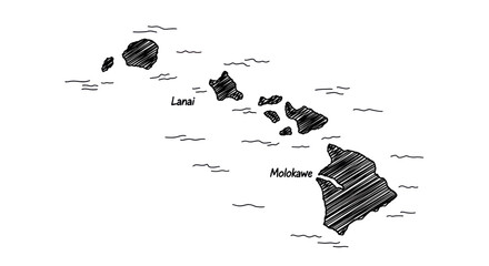 Hand-drawn Hawaii Islands Map Sketch with Ocean Waves © nanas