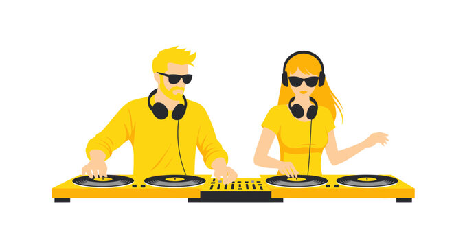 Male and Female DJs playing music on turntables, wearing headphones and sunglasses