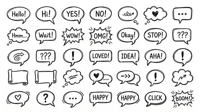 A large collection of hand-drawn doodle speech bubbles, thought clouds, and comic elements with various words and symbols.