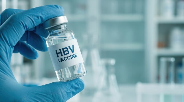 Medical professional holding a vial of HBV vaccine in a laboratory setting.