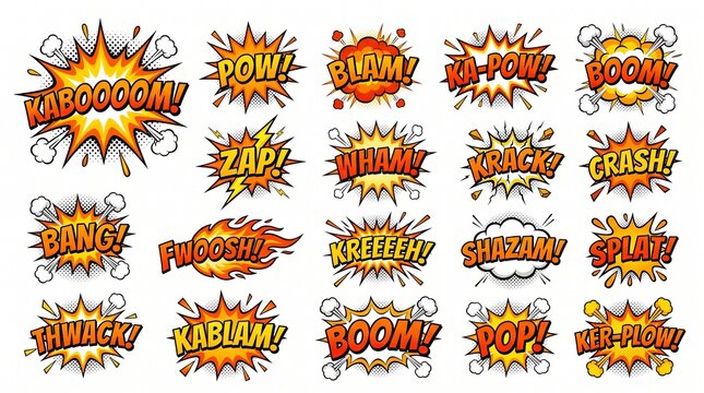 A vibrant collection of comic book style onomatopoeia sound effects with explosive and dynamic graphic elements.