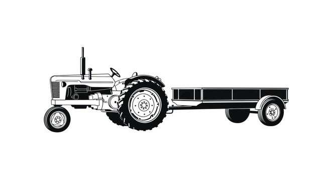Vintage Tractor Pulling Trailer - Agricultural Vehicle Silhouette