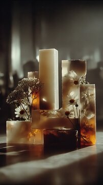 Macro still-life of lavender-chamomile SOFI soap bar with delicate stems and blossoms growing from the surface, matte textures, soft light, warm neutral tones, editorial beauty composition