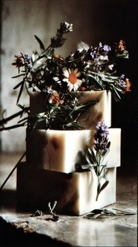 Macro still-life of lavender-chamomile SOFI soap bar with delicate stems and blossoms growing from the surface, matte textures, soft light, warm neutral tones, editorial beauty composition