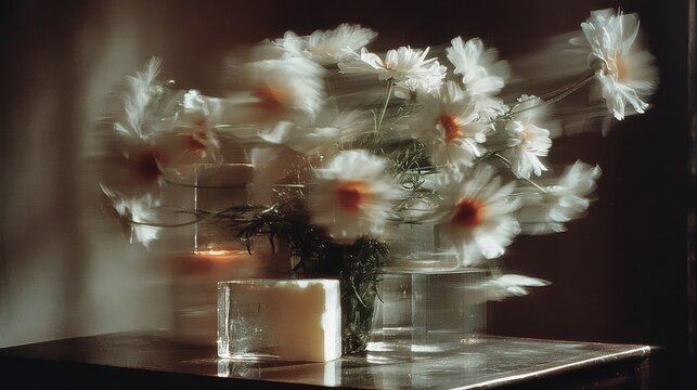 Macro still-life of lavender-chamomile SOFI soap bar with delicate stems and blossoms growing from the surface, matte textures, soft light, warm neutral tones, editorial beauty composition