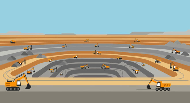 Open-pit mine with excavators and trucks, industrial extraction, quarry landscape