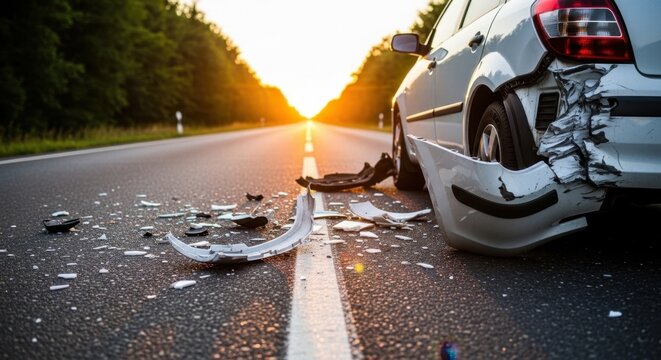 Damaged car at the scene of a road accident during sunset