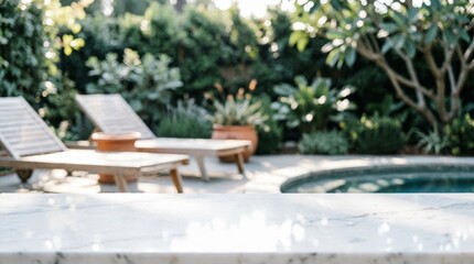 Fototapeta premium Luxury Outdoor Pool Area with Lounge Chairs and Greenery for Relaxation Concept