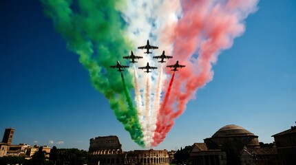 Aerobatic team jets releasing green white red smoke trails above the Colosseum in Rome Italy