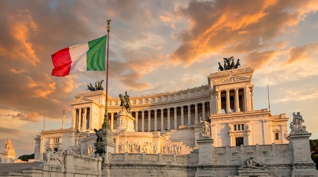 Altare della Patria monument with Italian flag waving under dramatic golden sunset sky in Rome