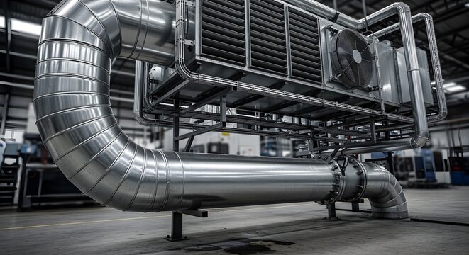 Industrial HVAC system with large metal ducts and fan
