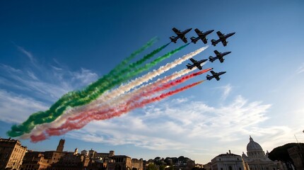 Italian air force aerobatic team jets flying over Rome with green white red smoke trails