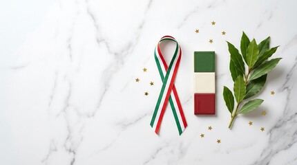 Italian flag colored ribbon and laurel branch on white marble background in top down view