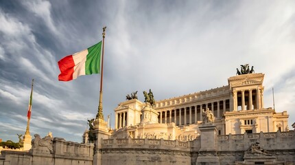Italian flag waving before Altare della Patria monument in Rome with neoclassical white marble architecture