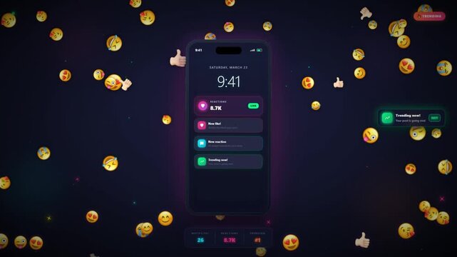 Smartphone with Live Social Media Reaction Notifications and Floating Emoji Background