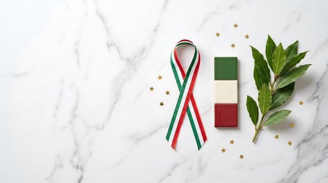 Italian flag colored ribbon and laurel branch on white marble background in top down view