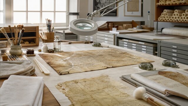 Contents on a table in a restoration workshop focused on old documents and manuscripts with tools nearby for handling and analysis