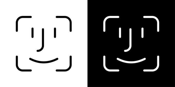 Face recognition icon in outline style featuring facial scan frame elements representing biometric authentication, AI security, and digital identity technology.