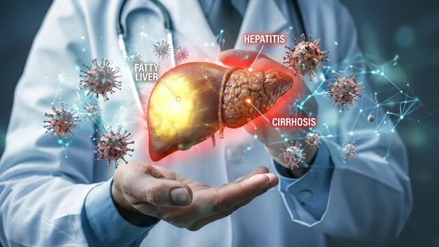 Medical professional presenting digital human liver hologram, identifying various conditions including fatty liver, hepatitis, cirrhosis, modern diagnosis, advanced technology