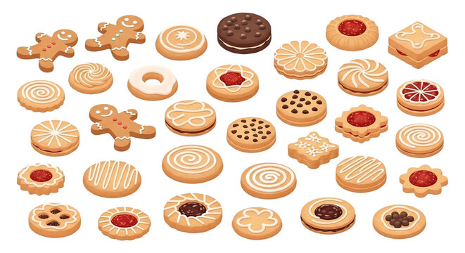 Assortment of various christmas and holiday cookies, including gingerbread men and jamfilled biscuits, isolated on transparent background