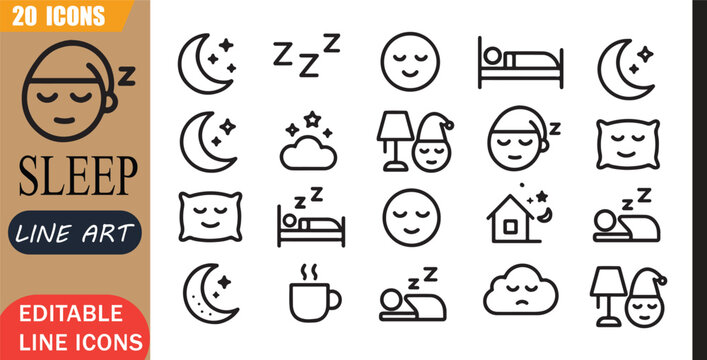 Isolated peaceful night icons set, 20 editable line art icons set, sleep moon stars, bedtime dream night, peaceful rest comfort, calm theme style, clean outline vector