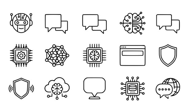 Minimal black and white AI assistant icon vector with chatbot brain chip and software outline symbols