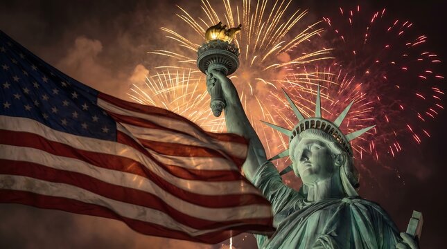 Statue of Liberty and waving American flag with golden fireworks exploding in dark night sky