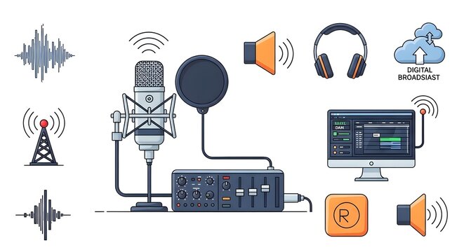 Vector illustration of podcast recording studio equipment setup