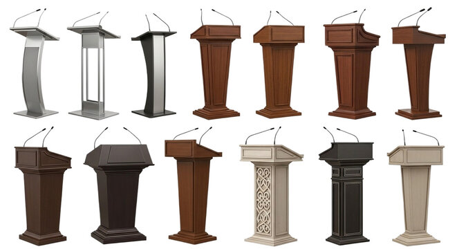 Collection of various podiums and lecterns with microphones isolated on transparent background