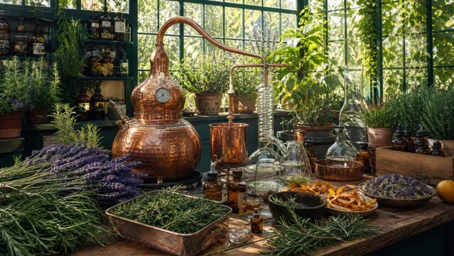 Herbal distillation in a greenhouse with plants, tools, and various glass containers during daylight hours in a garden setting