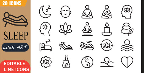 Isolated meditation relaxation icons set, 20 editable line art icons set, sleep meditation relaxation, mindfulness calm wellness, peaceful health bedtime, balance theme style, clean outline vector © MD.Kawsar Hossan