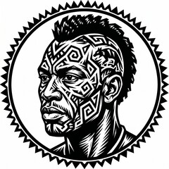 Obraz premium Tribal Face Art Portrait: A striking black and white illustration of a man's face adorned with intricate tribal markings and a mohawk hairstyle, set within a circular sun-like emblem.