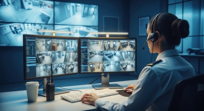 Female Security Guard Monitoring Surveillance Screens in a High Tech Control Room