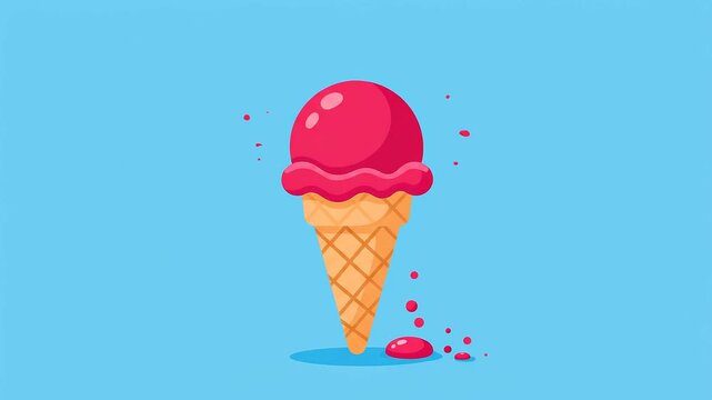 Strawberry Ice Cream Scoop in Waffle Cone on Blue Background