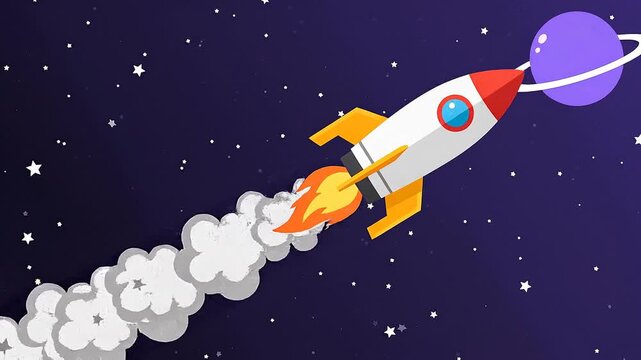 Cartoon Rocket Ship Launching into Deep Space