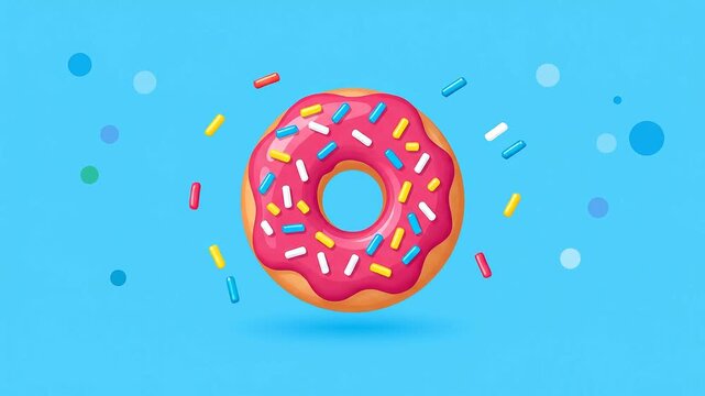 Pink Glazed Donut with Colorful Sprinkles on Blue Background