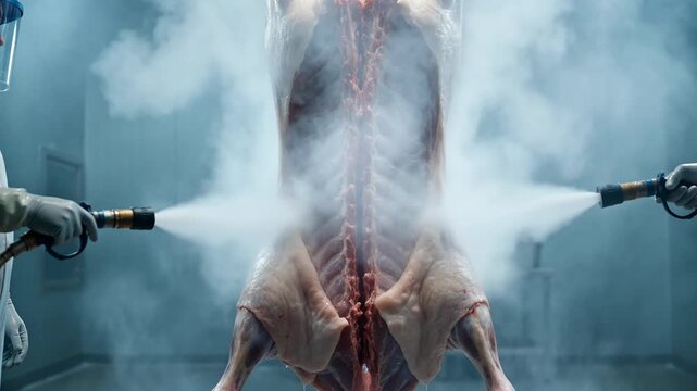 Workers in protective suits cleaning a hanging carcass in a meat processing plant with high-pressure hoses, creating a misty environment.