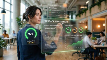 Obraz premium Businesswoman interacting with futuristic holographic feedback management interface in modern office.